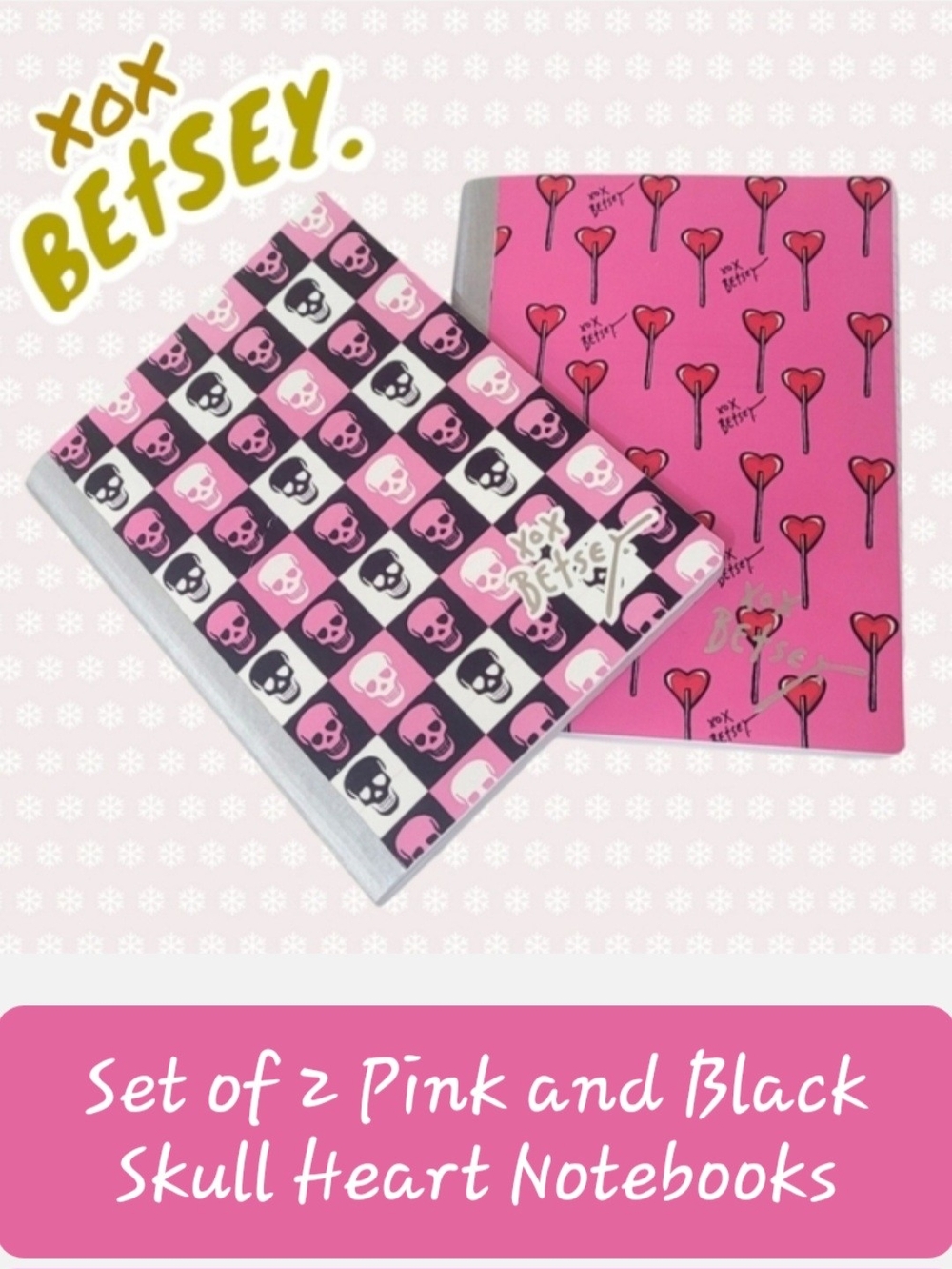 Betsey Johnson Pink and Black Skull & Heart Notebook Set XOXO Betsey